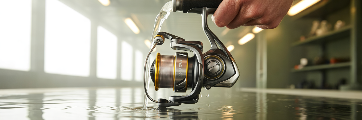 Rinsing fishing reel to prevent corrosion.