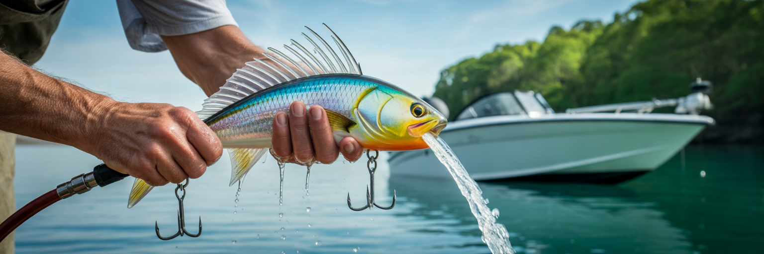 Rinsing offshore trolling lure with water.
