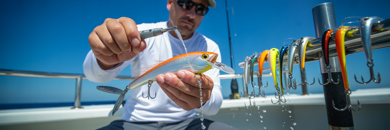 Rinsing offshore trolling lures after fishing.