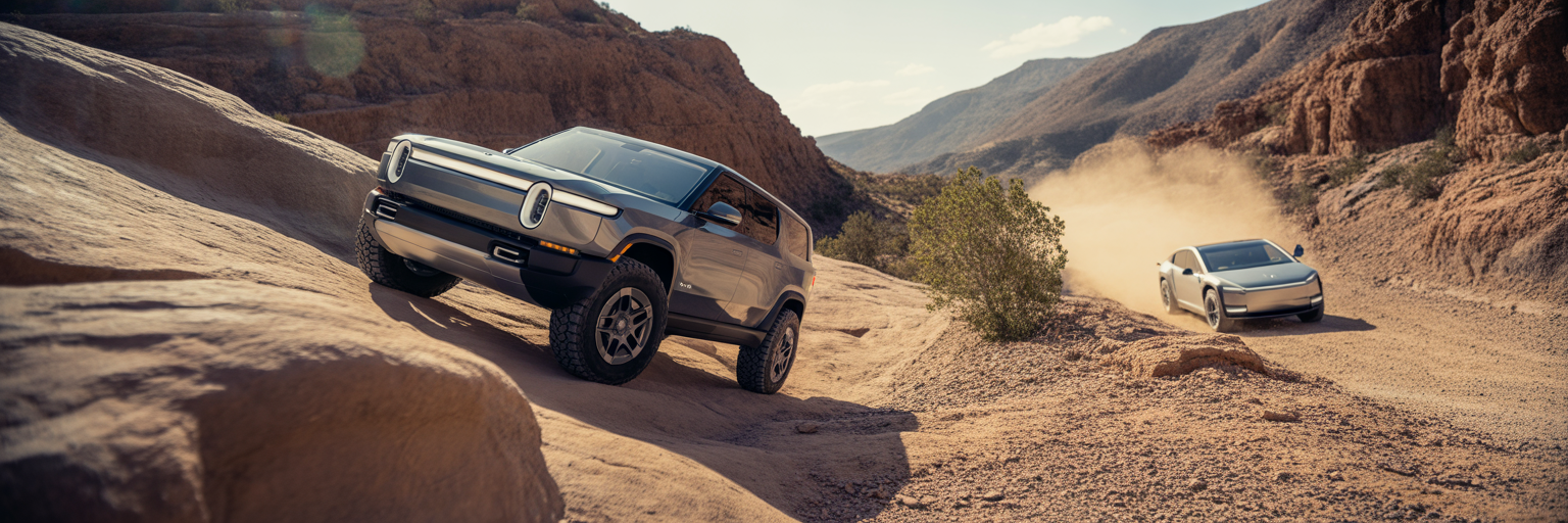 Rivian R1T on a technical trail with a Cybertruck in the background.