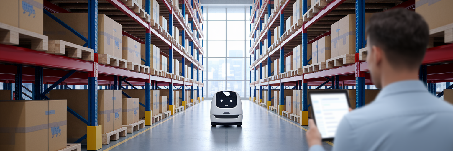 Robot autonome dans un entrepôt logistique moderne.