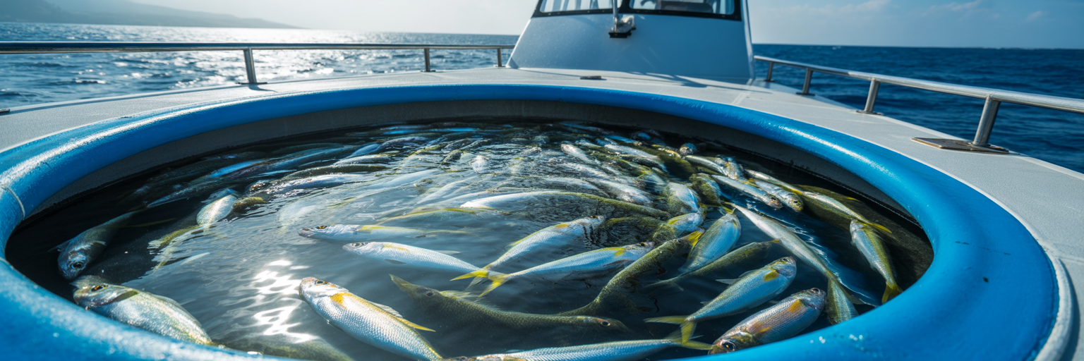 Round offshore boat livewell with pilchards.