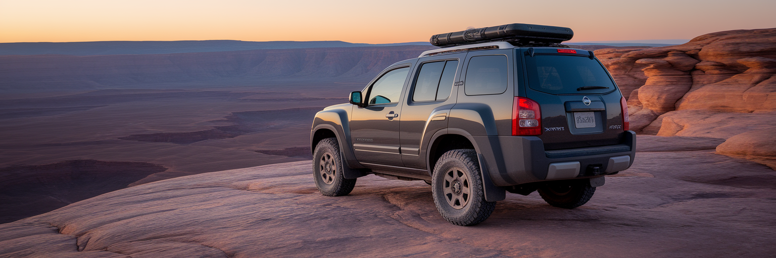 Rugged SUV parked on canyon overlook at sunset.