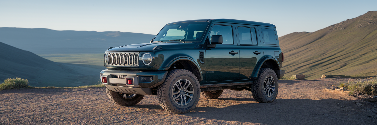 Rugged SUV parked on mountain trail overlook.