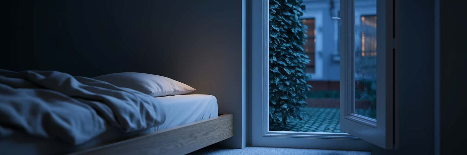 Ruhige Schlafzimmer-Ecke mit offenem Fenster