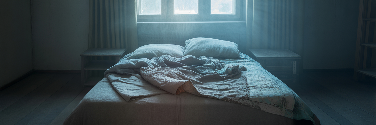 Rumpled bedsheets in early morning light.