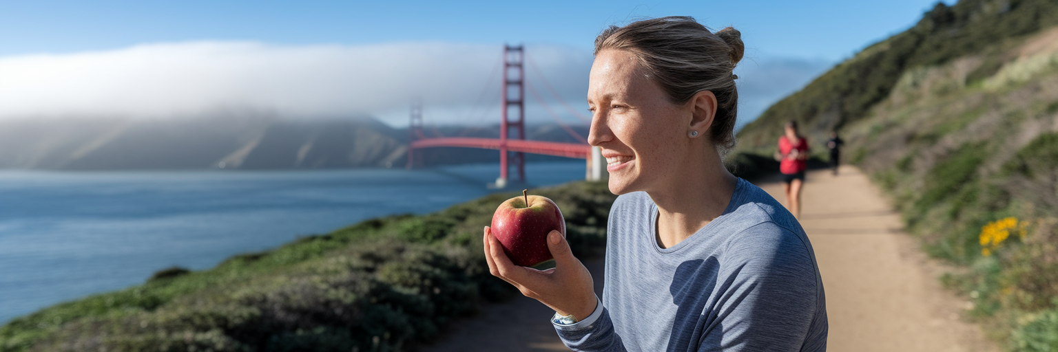 Runner holding apple making healthy choice.