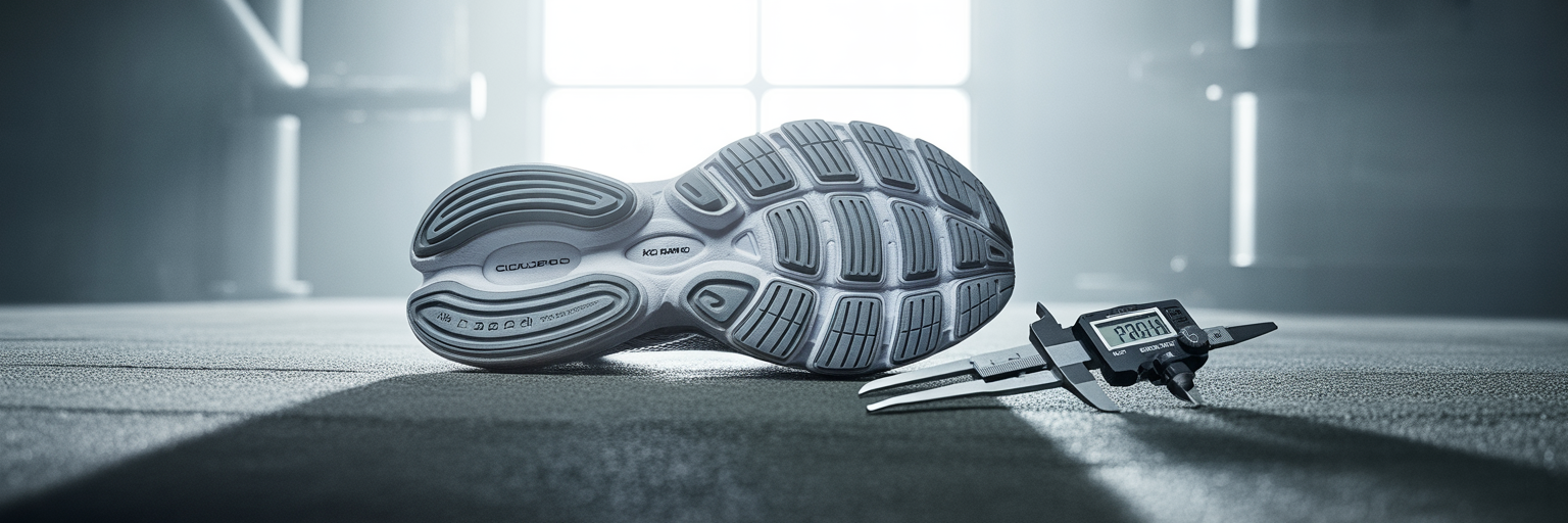 Running shoe sole with engineering calipers.