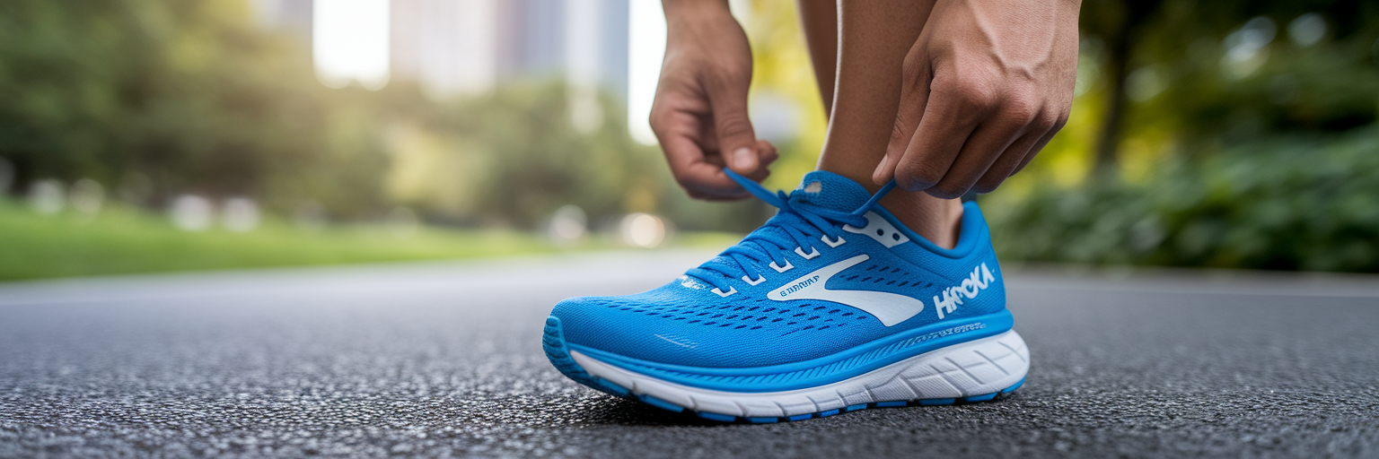 Running shoes on a park running path.