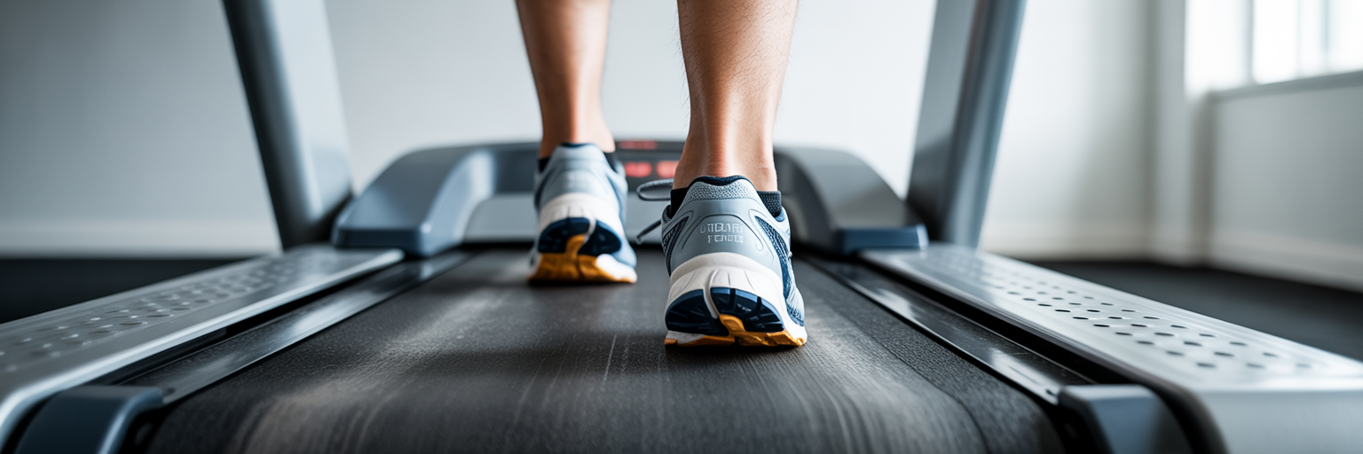 Running shoes on a treadmill ready for workout.