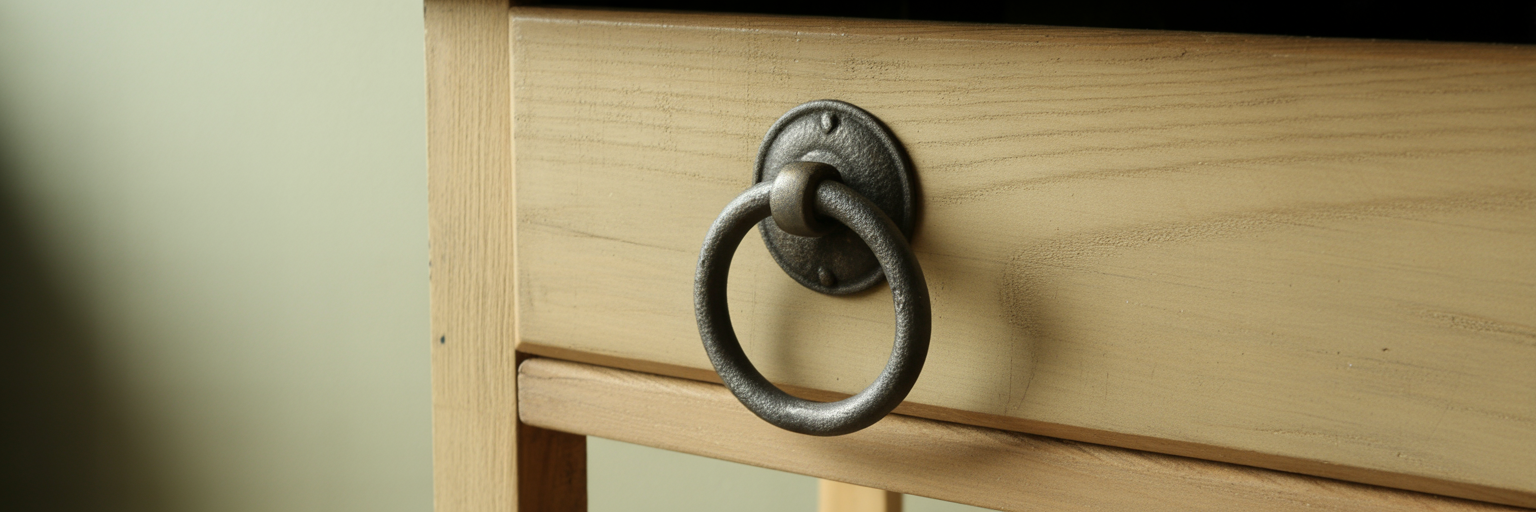 Rustic cast iron drop ring pull on pine