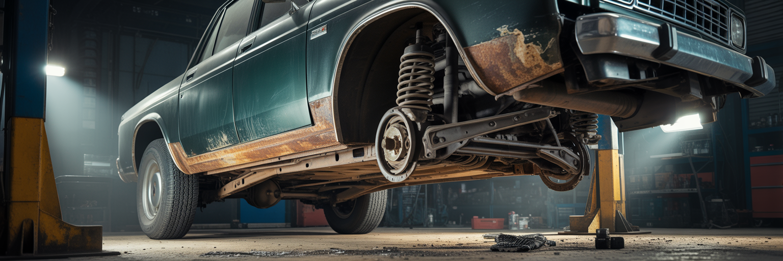 Rusty undercarriage of an old SUV.