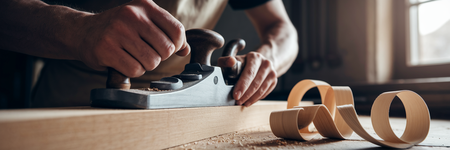 Rzemieślnik heblujący drewnianą deskę w warsztacie.