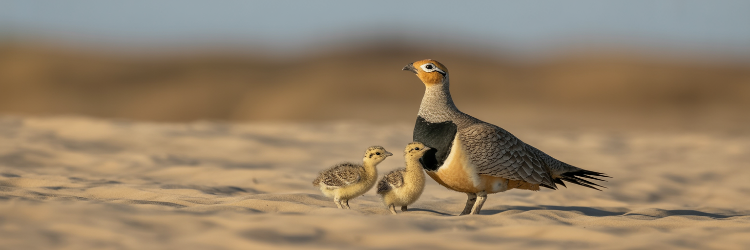 Sandgrouse chicks drinking from father's feathers.