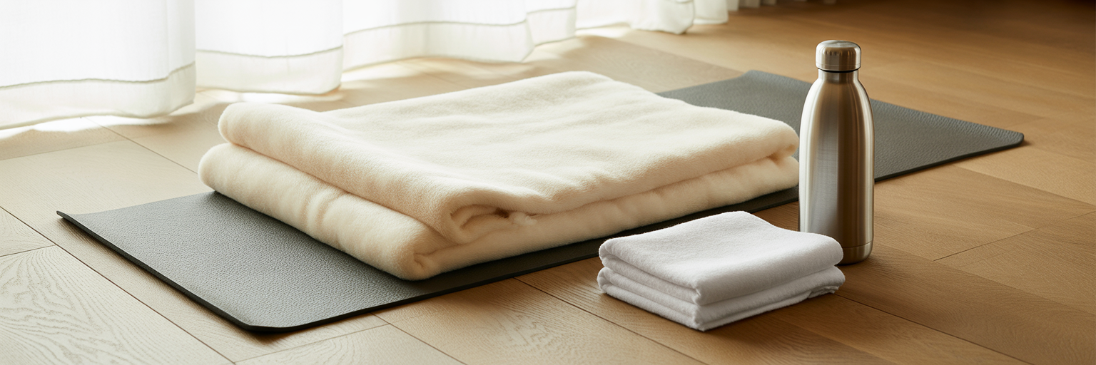 Sauna blanket setup with water and towel