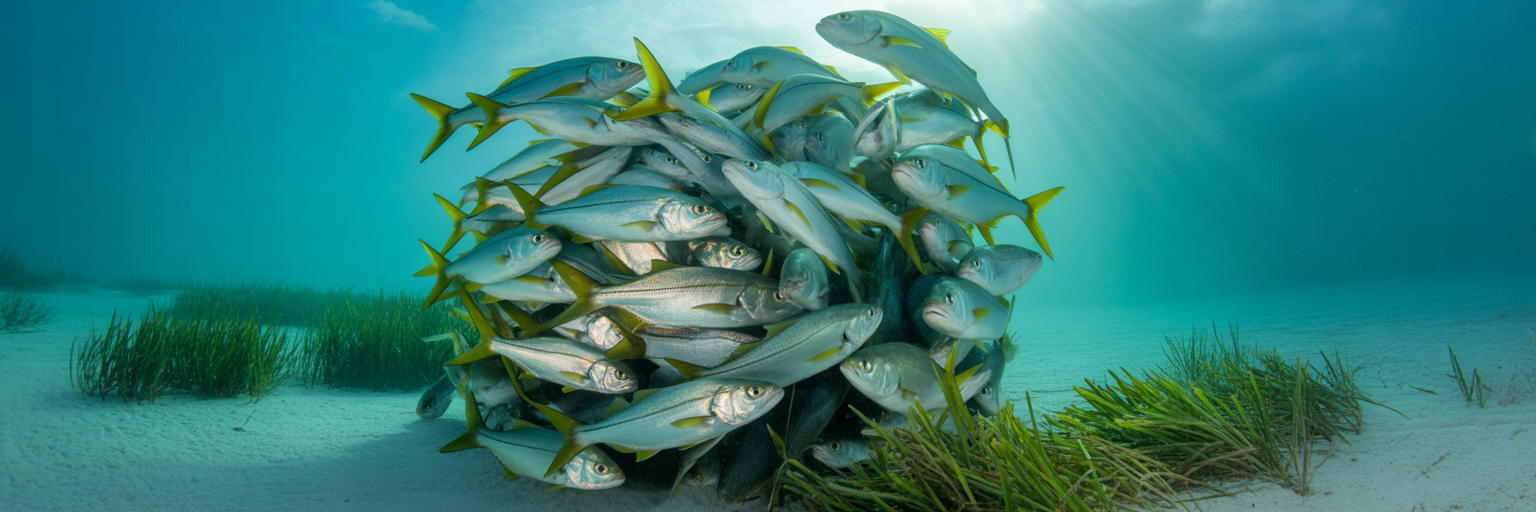 School of spawning snook underwater.