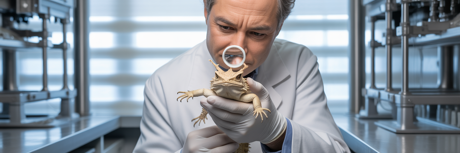 Scientist examining a horned lizard's eye.