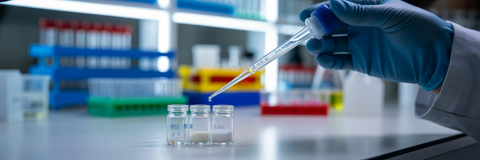 Scientist reconstituting peptide in laboratory.