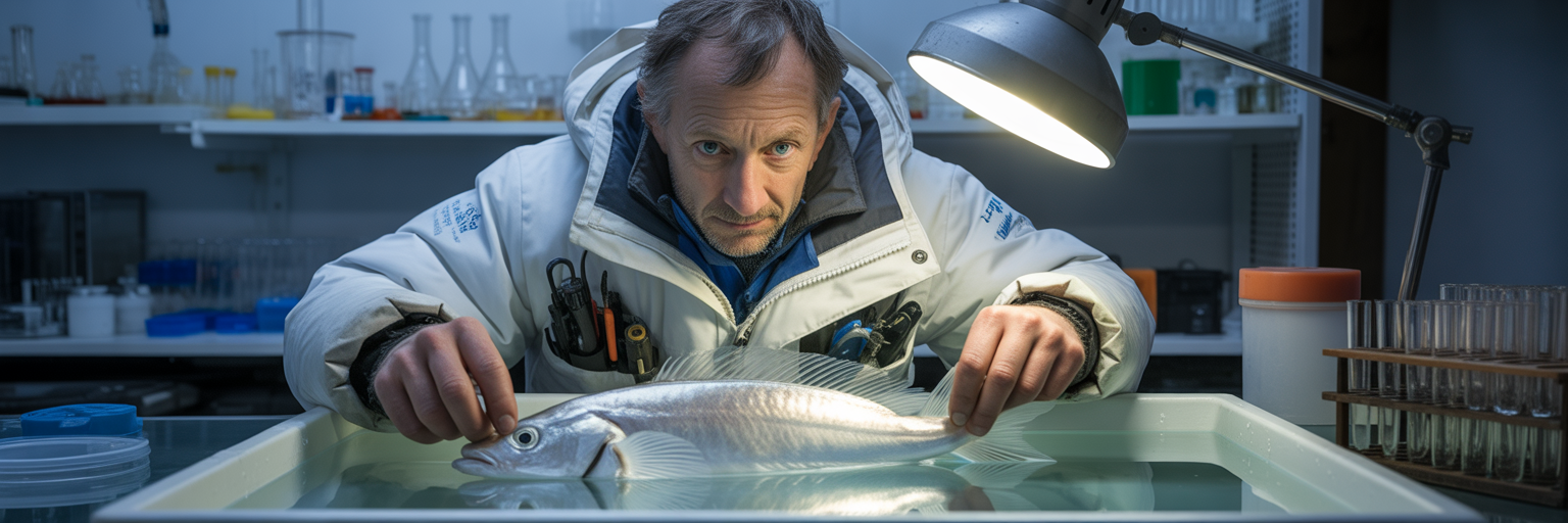 Scientist studying an Antarctic icefish specimen.