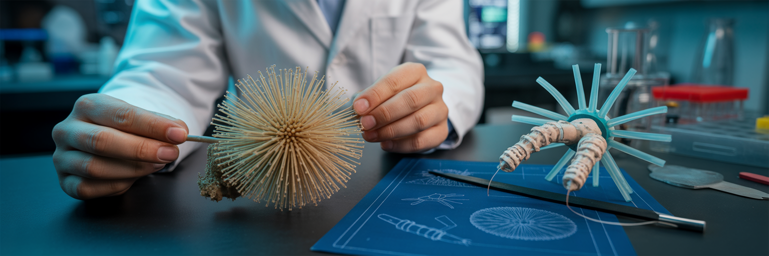 Scientist studying fungal model for robotics.