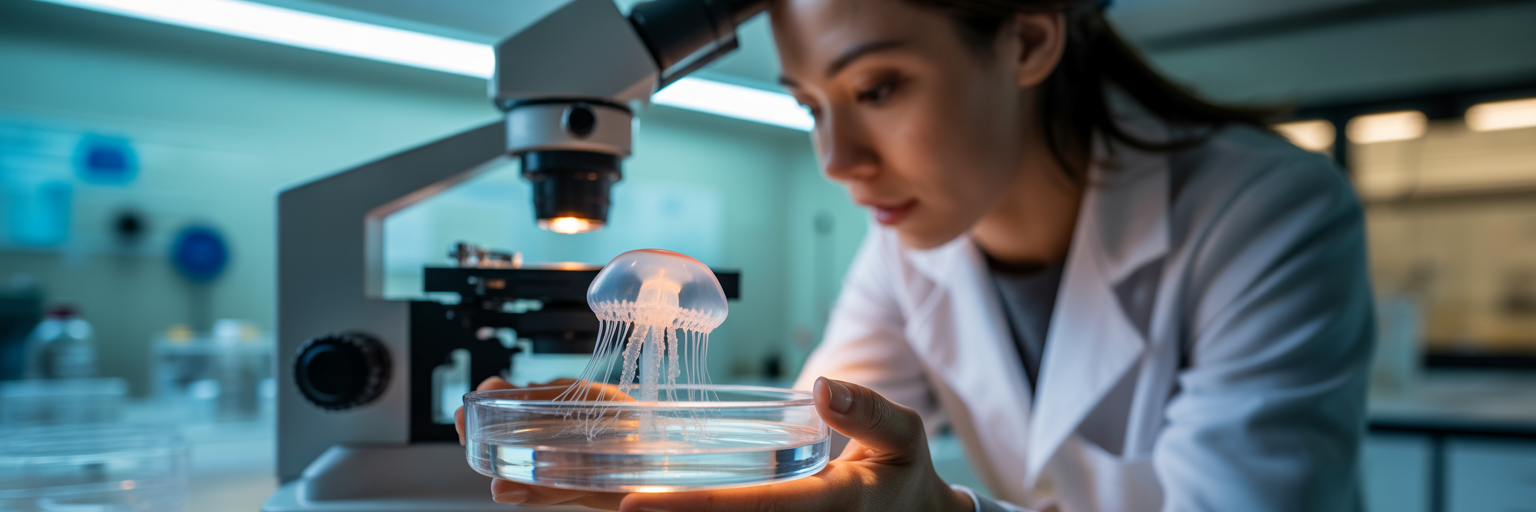 Scientist studying immortal jellyfish in a lab.