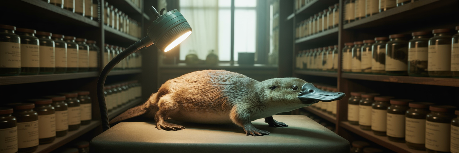 Scientist studying preserved platypus specimen