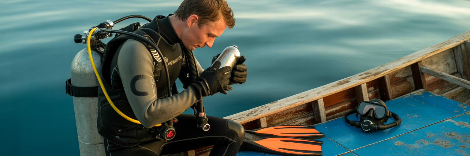Scuba diver performing final equipment check.