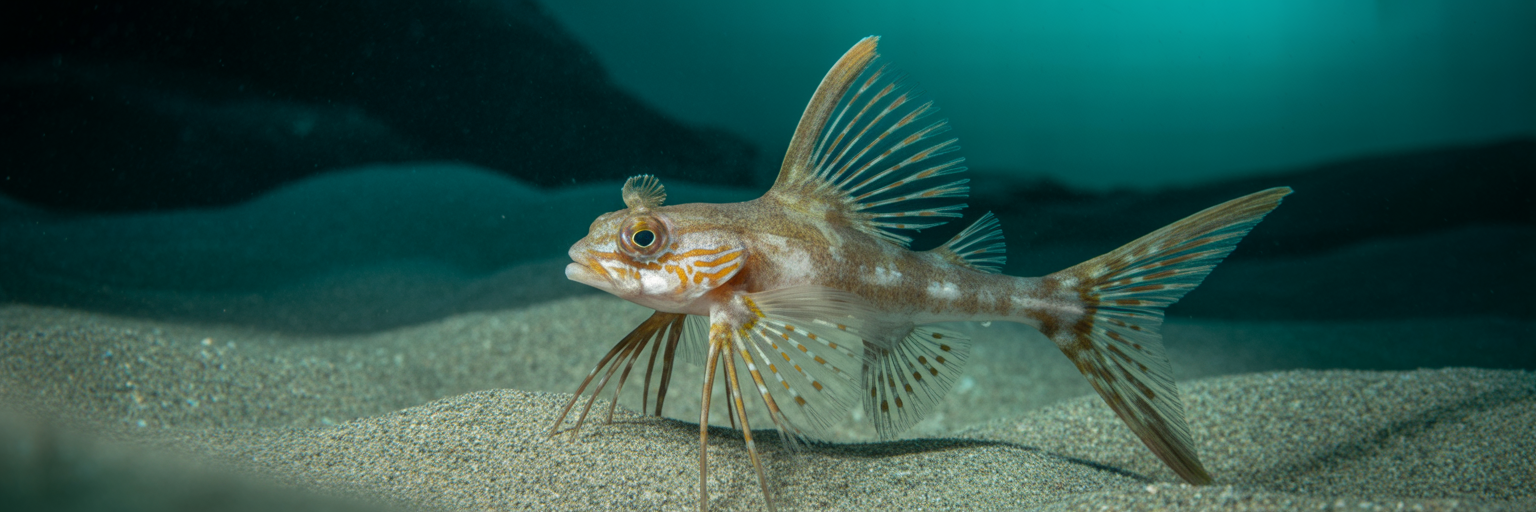 Sea robin walking on seafloor with fin rays