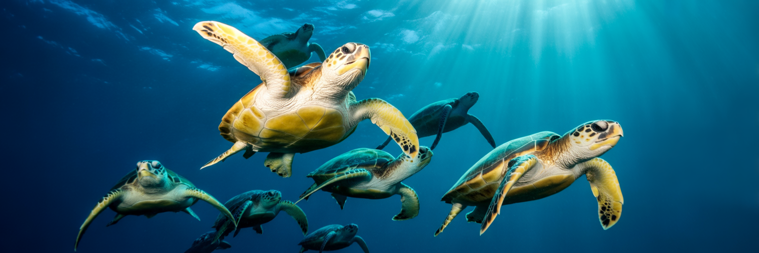 Sea turtles migrating in the ocean.