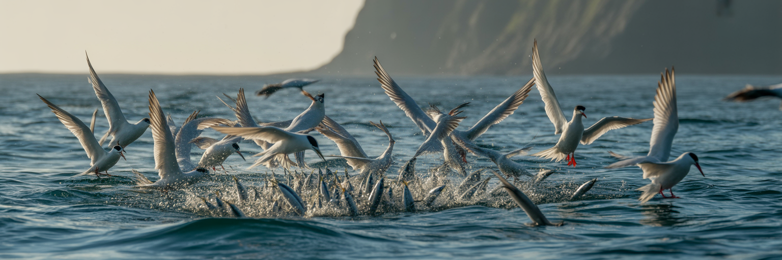 Seabirds diving over feeding fish