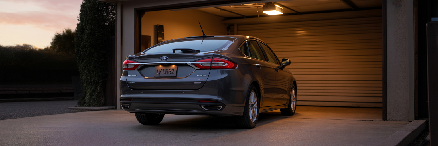 Sedan rear reflecting in garage door