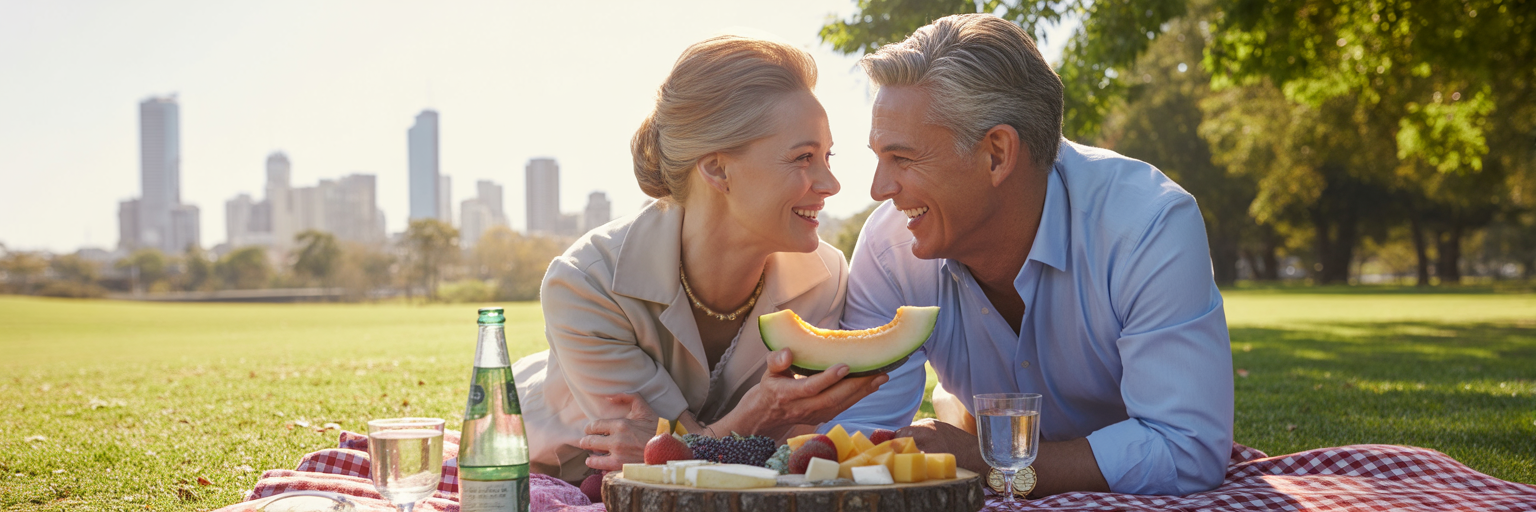Senior couple enjoying picnic in Brisbane.