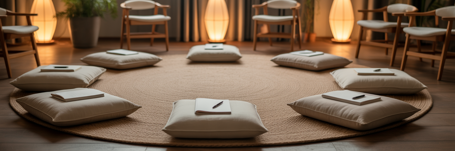 Serene room with circle of chairs prepared.