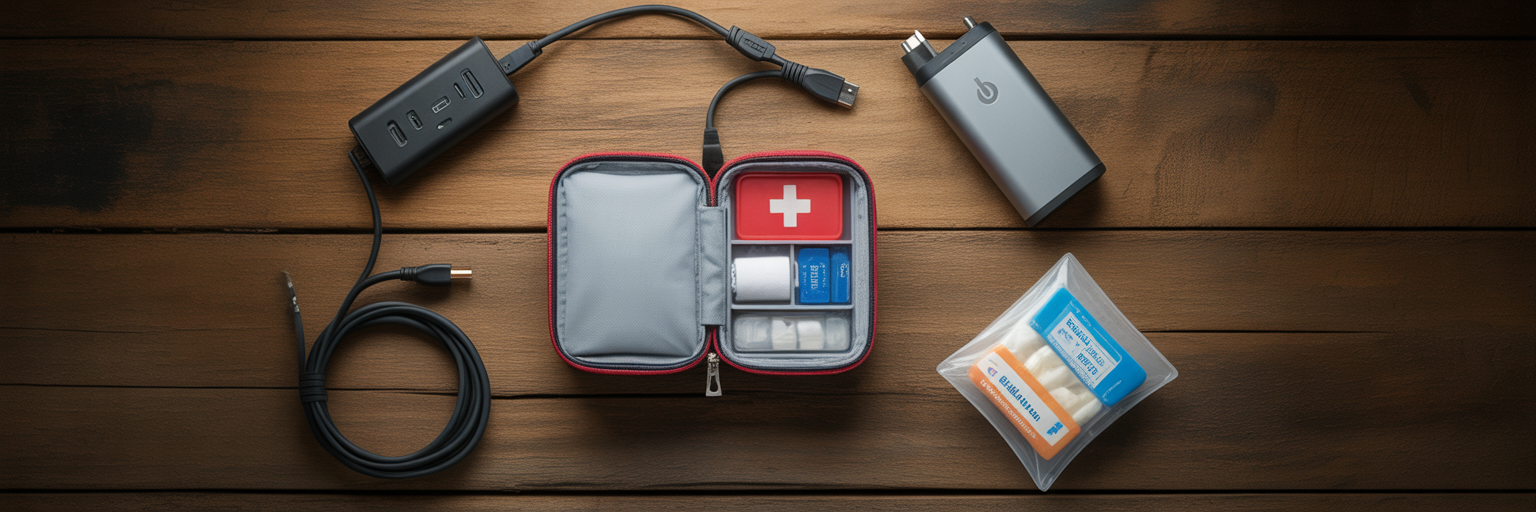 Shared group travel gear organized on table