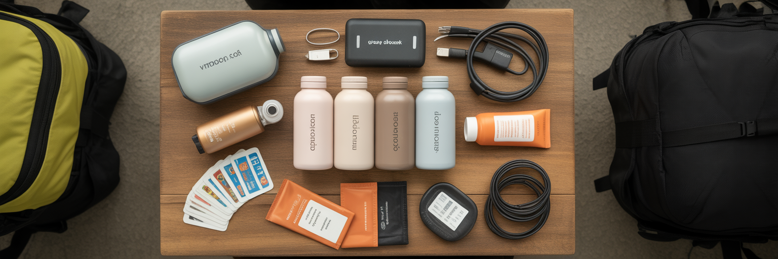 Shared travel items organized on table.