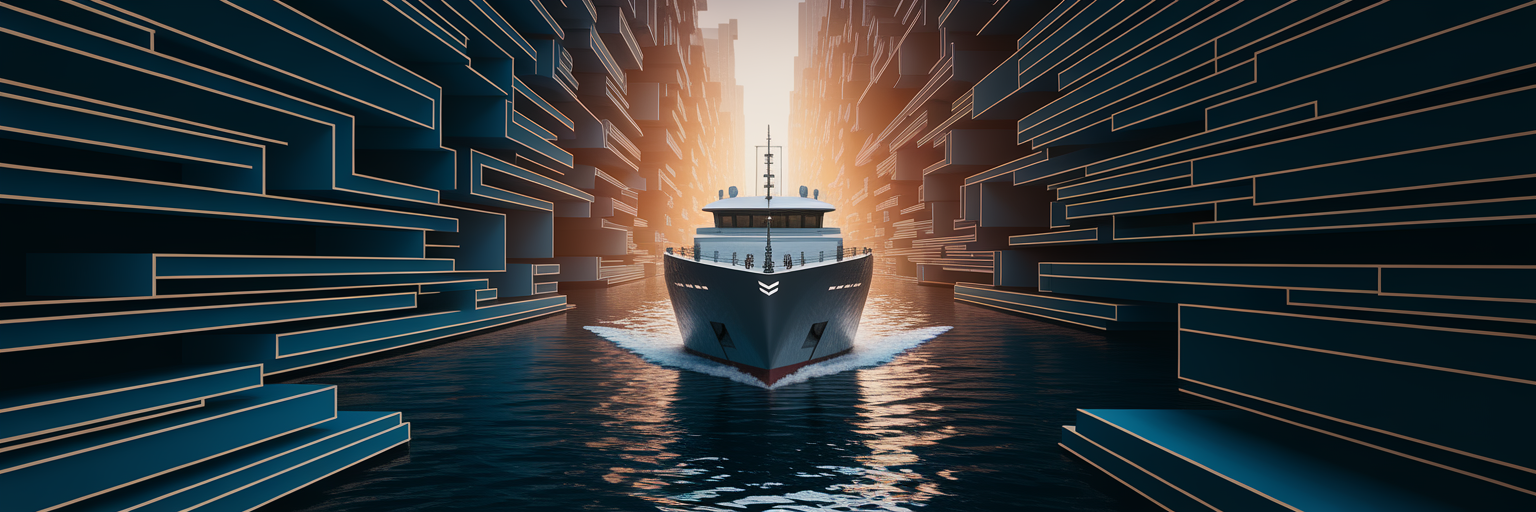 Ship navigating a clear path through a complex canyon.