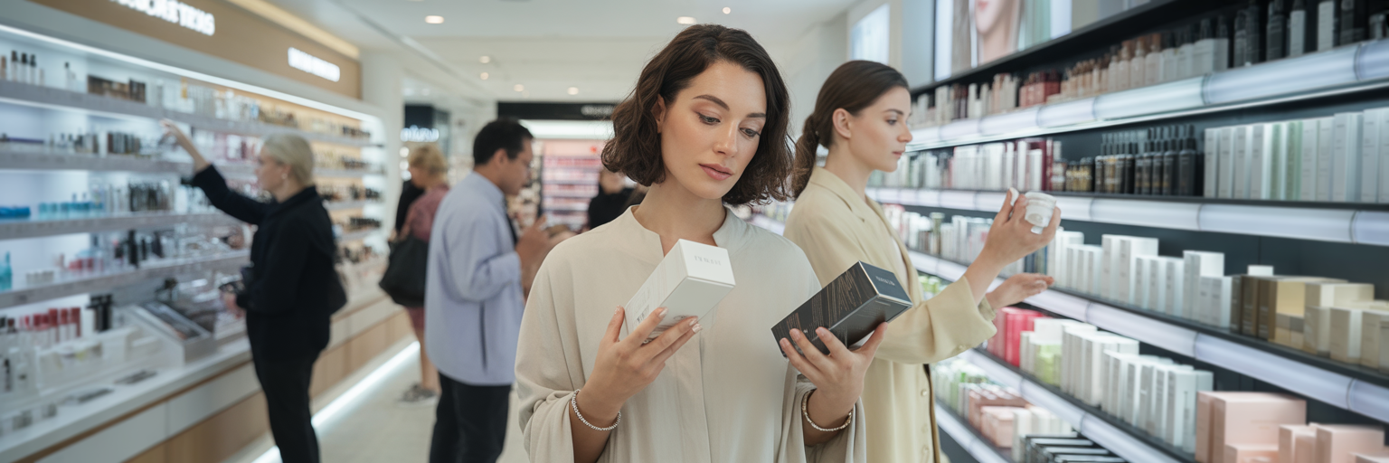 Shoppers examining luxury cosmetics packaging in a store.