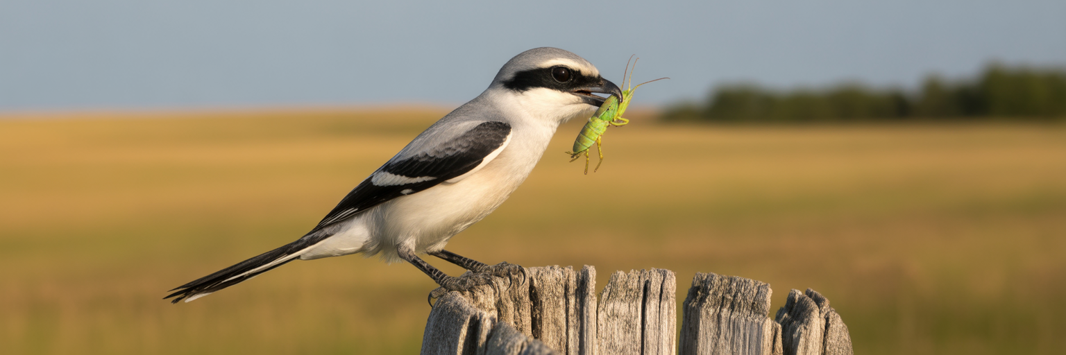 Shrike bird holding insect prey.