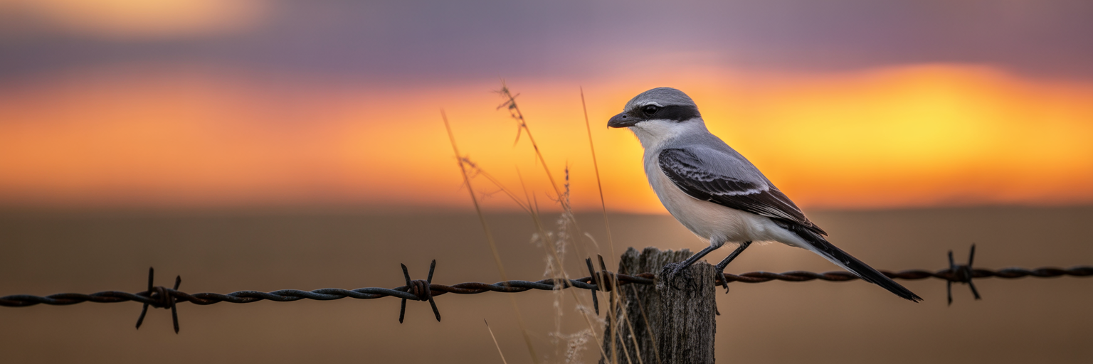 Shrike bird on barbed wire fence.