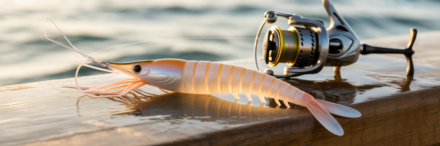 Shrimp lure and spinning reel on boat deck