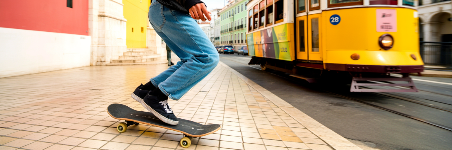 Skateboarder on a colorful Lisbon street.