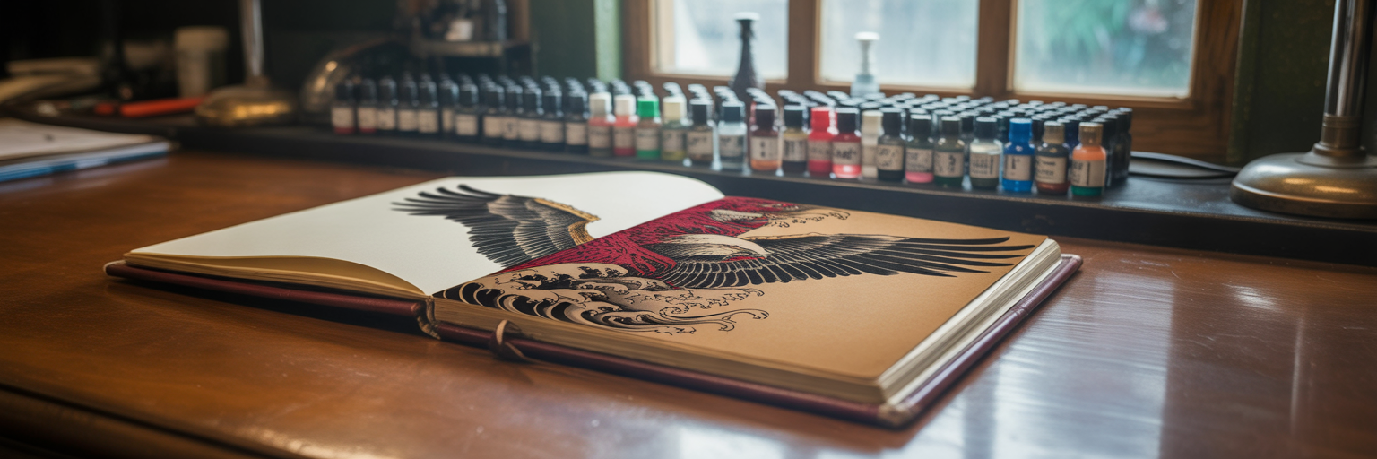Sketchbook with Japanese American fusion tattoo design.