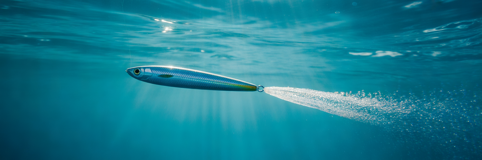 Skirted trolling lure performing underwater.