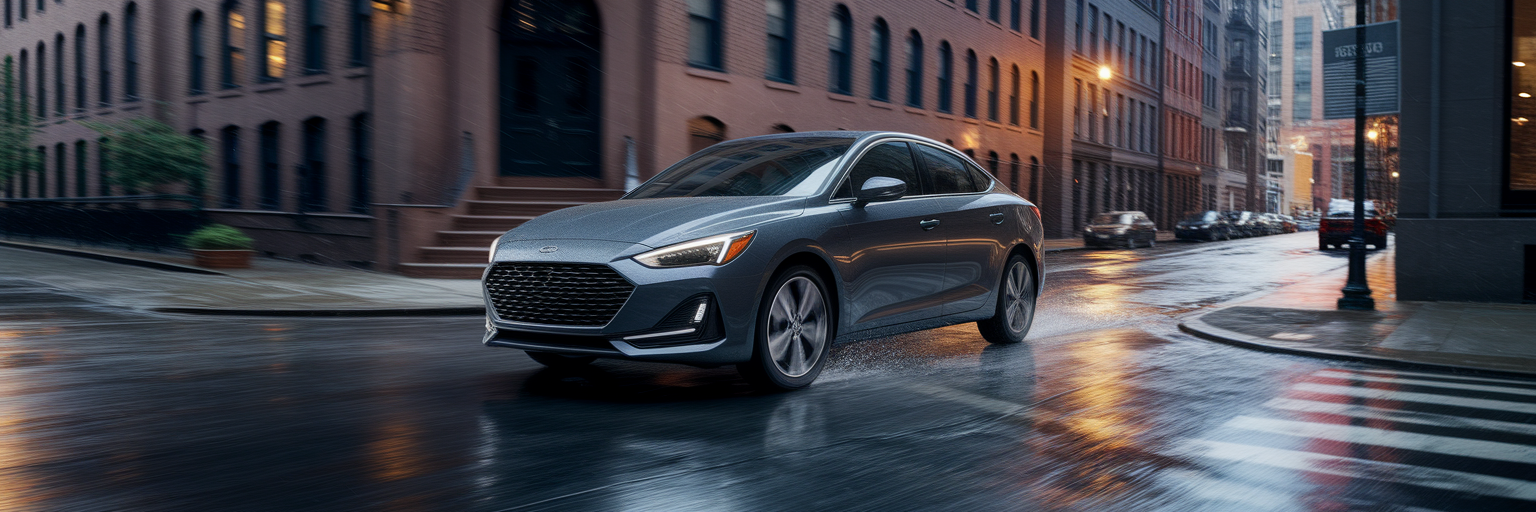 Sleek compact sedan turning on wet city street.