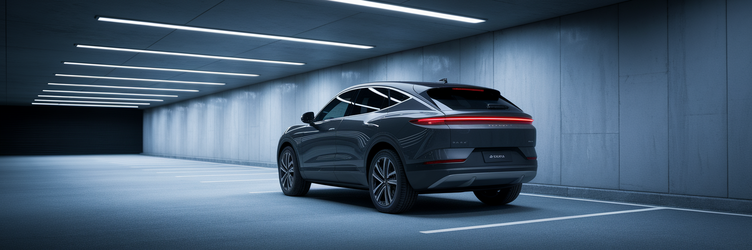 Sleek electric SUV in modern underground garage.