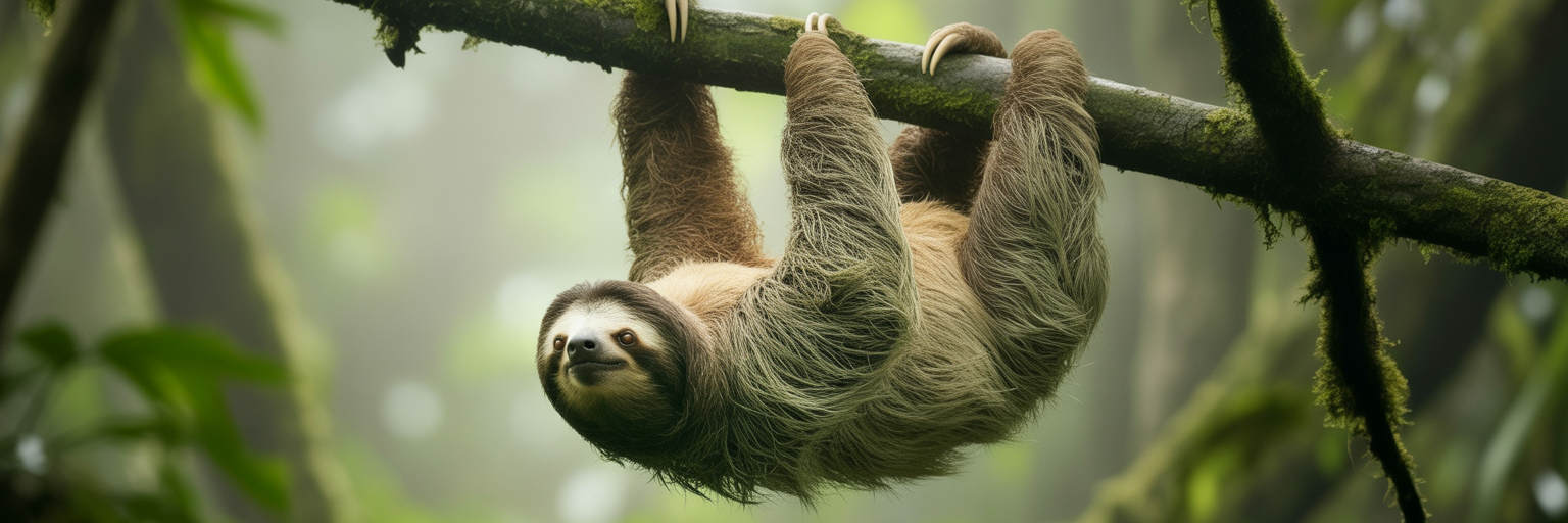 Sloth hanging upside down from tree branch.