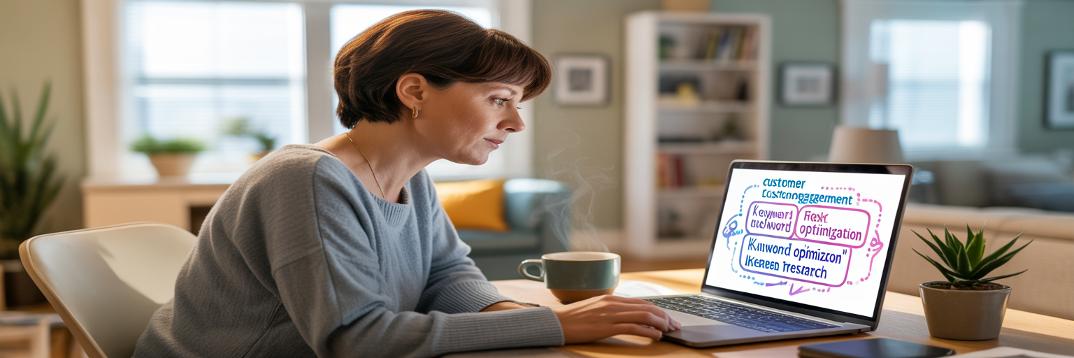Small business owner doing keyword intent research.