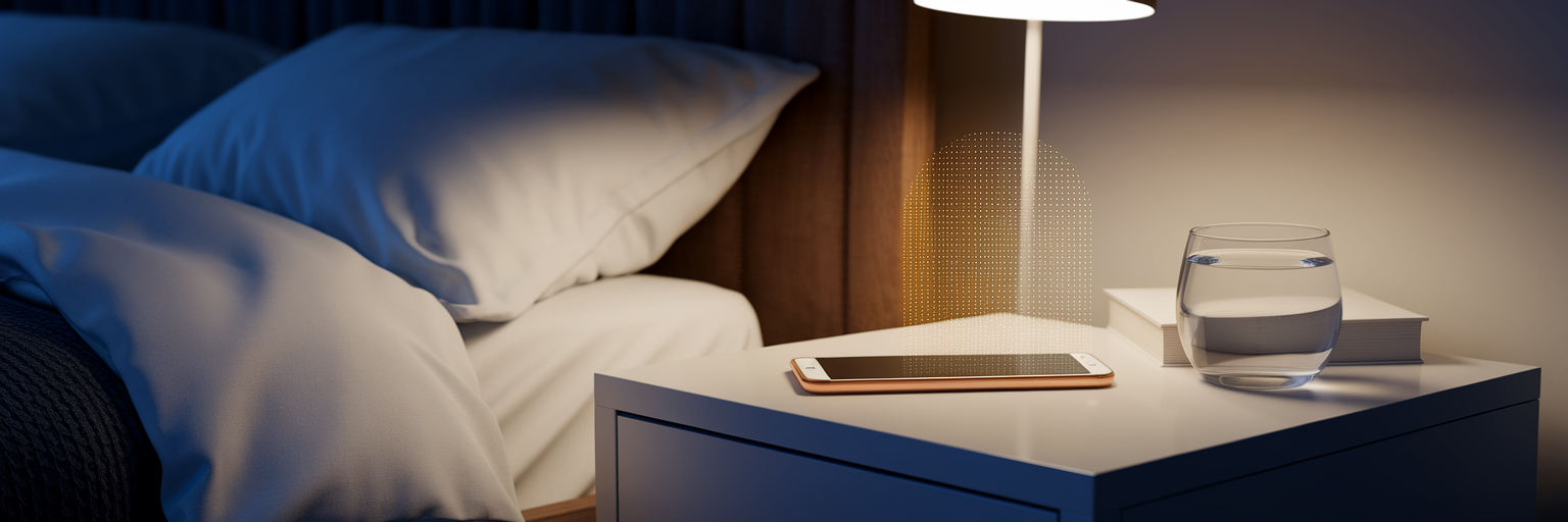 Smartphone glowing securely on a nightstand.