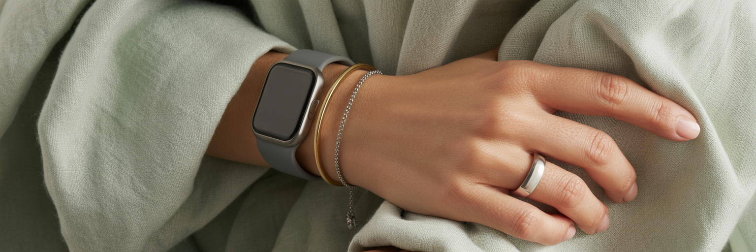 Smartwatch layered with gold and silver bracelets.