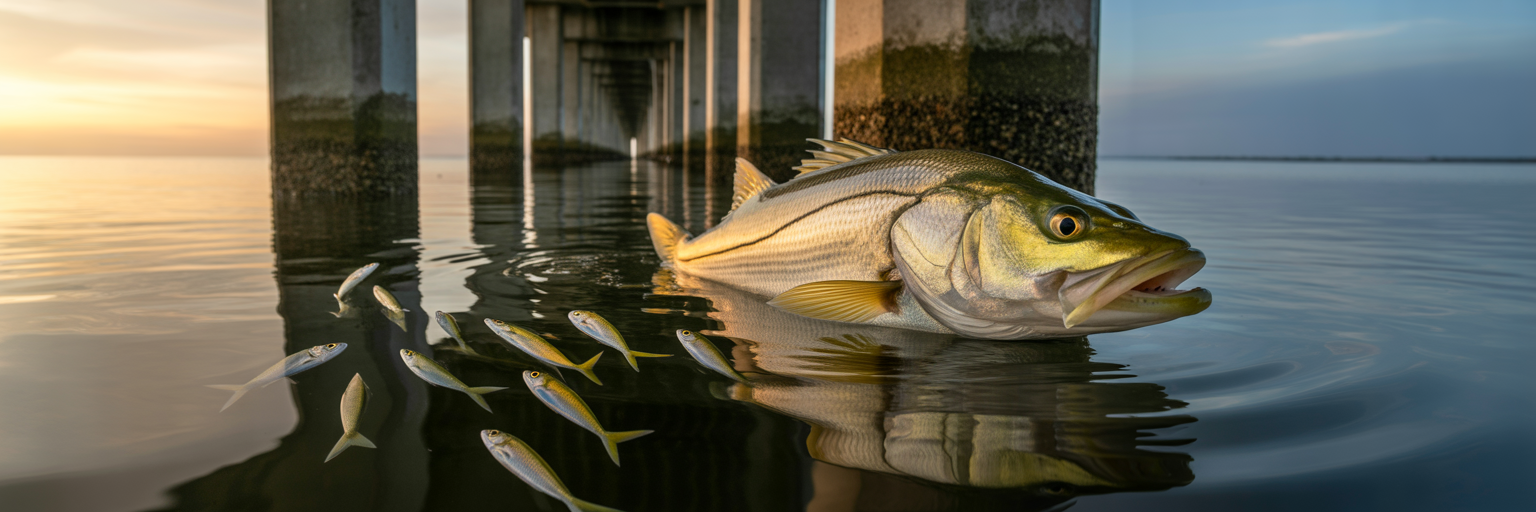 Snook feeding near Tampa bridge pilings.
